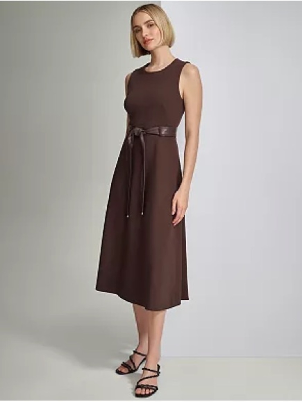 Andrew Marc Brown Sleeveless Midi Dress with Tie Waist